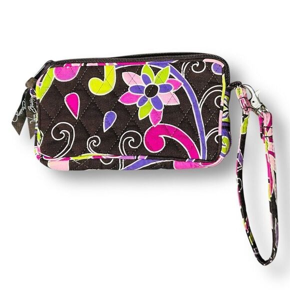 Vera Bradley Wristlet Zip Wallet Pink Green Floral Quilted Cotton Organizer Bag - Picture 2 of 13